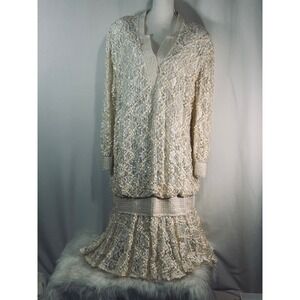 Vintage Damianou Ivory Lace Sequin‎ Drop Waist Gown Long Sleeve Tiered Ruffle